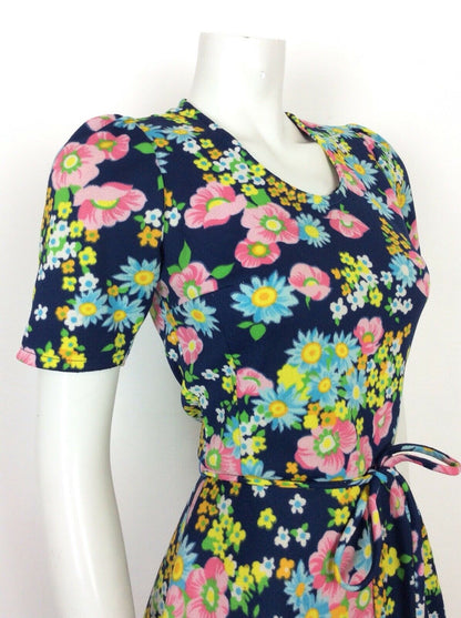 VINTAGE 60s 70s FLORAL A-LINE DRESS BLUE PINK YELLOW WHITE DITSY 8 10