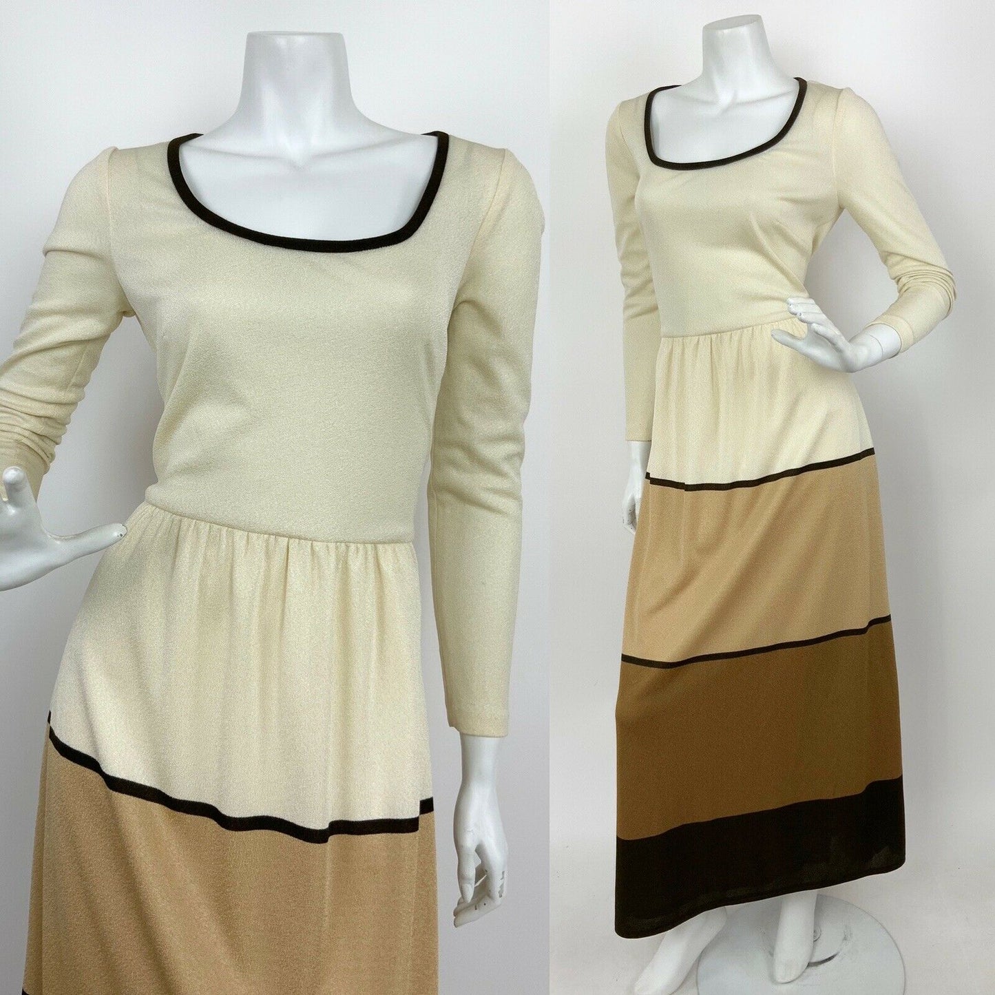 VTG 60s 70s CREAM BROWN GOLD COLOUR BLOCK FOLK BOHO MAXI DRESS 12 14