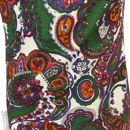 VINTAGE 60s 70s DARK GREEN WHITE RED PURPLE PAISLEY PRINT MIDI DRESS DRESS 12