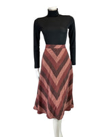 VINTAGE 60s 70s RED BROWN PINK STRIPED WOOL KNEE-LENGTH SWING SKIRT 8 10