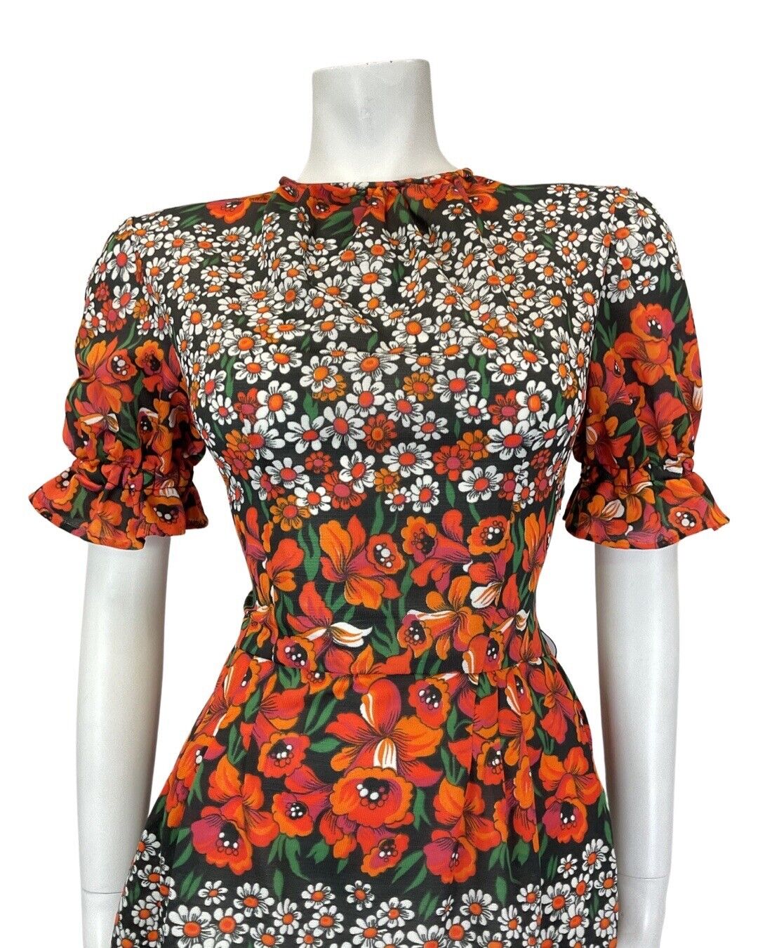 VINTAGE 60s 70s BLACK ORANGE GREEN FLORAL DAISY PUFF SLEEVE MIDI DRESS 8