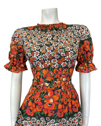 VINTAGE 60s 70s BLACK ORANGE GREEN FLORAL DAISY PUFF SLEEVE MIDI DRESS 8