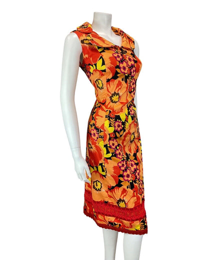 VTG 60s 70s ORANGE RED BLACK PSYCHEDELIC FLORAL CLOVER COLLAR MOD DRESS 12 14