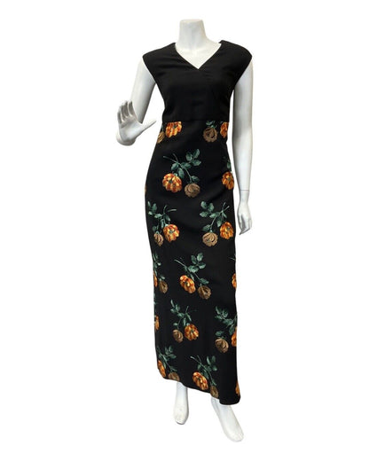 VINTAGE 60s 70s BLACK ORANGE GREEN FLORAL EMBROIDERED SLEEVELESS MAXI DRESS `14