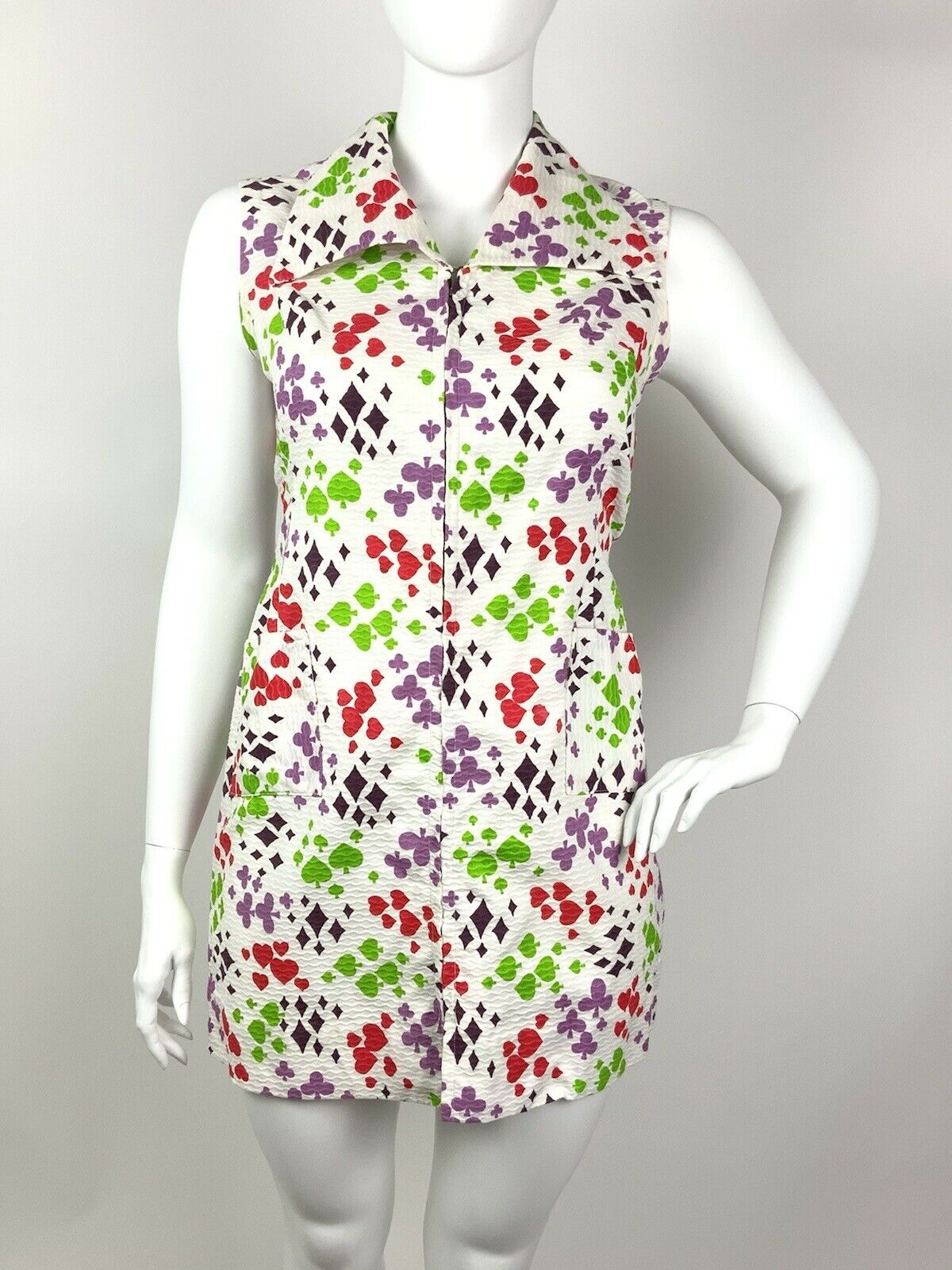 VTG 60s 70s WHITE RED GREEN PURPLE HEART SPADE CLUB DIAMOND MOD MINI DRESS 16