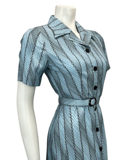 VTG 60s 70s METALLIC BLUE BLACK PATTERNED BUTTON DOWN BELTED SHIRT DRESS 10 12