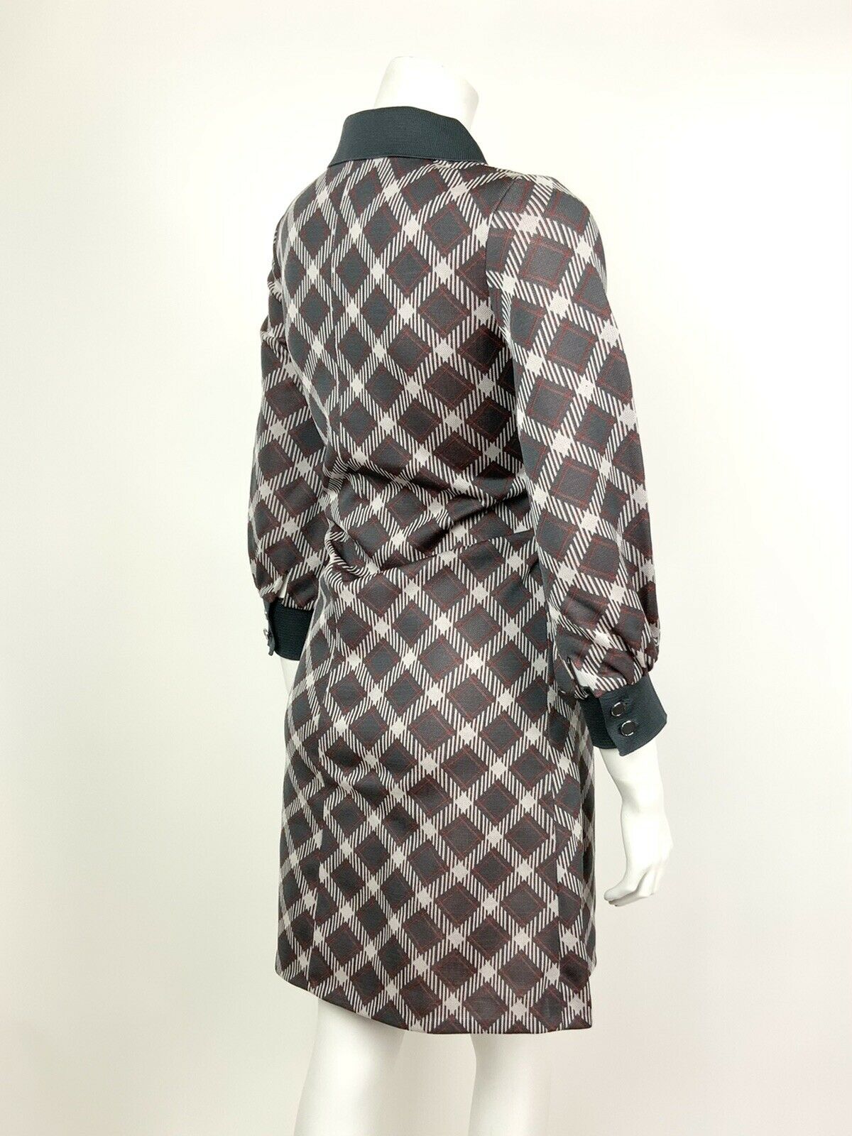 VTG 60s 70s GREY WHITE RED GEOMETRIC CHECKED SHIRT COLLAR MOD SHIFT DRESS 10 12