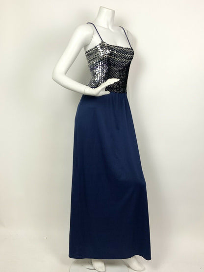 VINTAGE 60s 70s NAVY BLUE SILVER PURPLE SEQUINNED STRAPPY DISCO MAXI DRESS 12 14