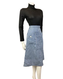 VINTAGE 60s 70s DENIM BLUE WHITE STRIPED DOTTY MIDI A-LINE SKIRT 8