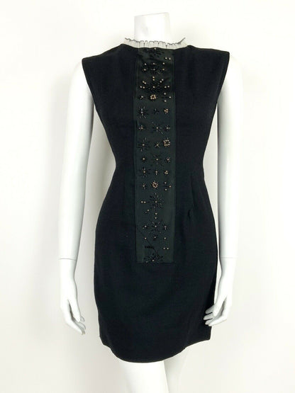 VINTAGE 60s 70s BLACK GOLD WHITE RUFFLED BEADED STAR TUNIC DRESS 8