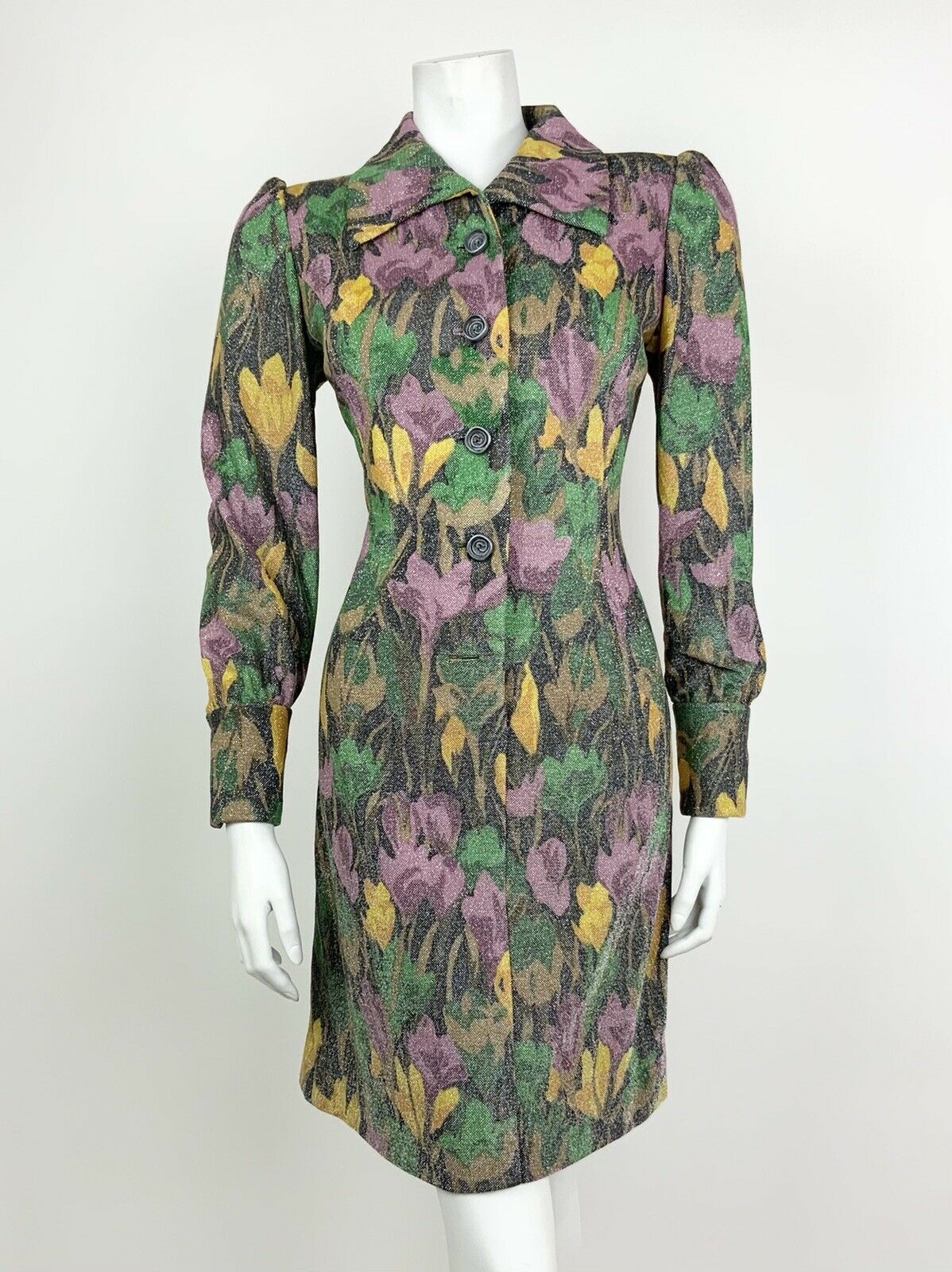 VINTAGE 60s 70s BLACK GREEN YELLOW PURPLE FLORAL SILVER GLITTER SHIRT DRESS 8 10