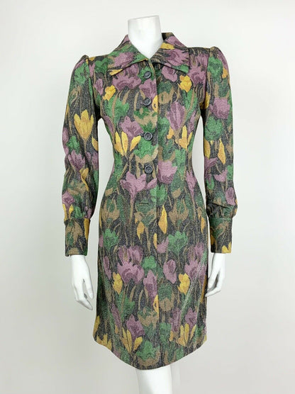 VINTAGE 60s 70s BLACK GREEN YELLOW PURPLE FLORAL SILVER GLITTER SHIRT DRESS 8 10