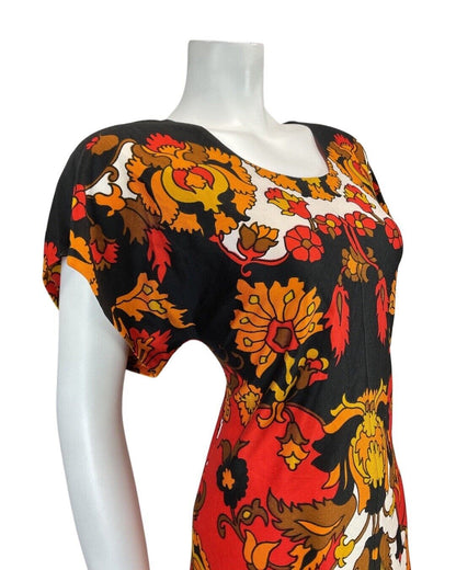 VINTAGE 60s 70s BLACK RED WHITE PSYCHEDELIC FLORAL MOD KNEE-LENGTH DRESS 14