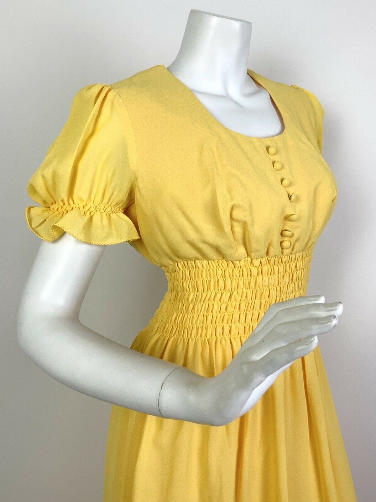 VINTAGE 60s 70s SUNSHINE YELLOW PUFF SLEEVE PRAIRIE BOHO MAXI DRESS 10 12