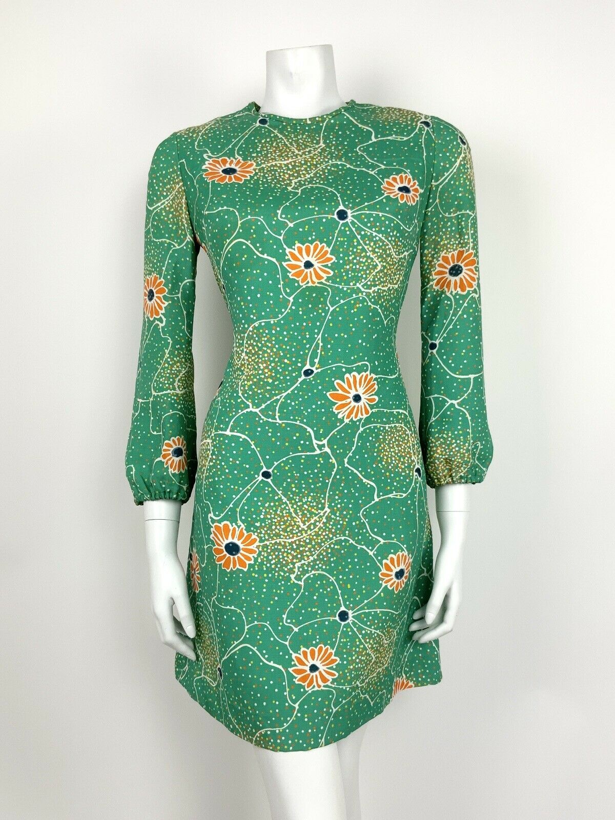 VTG 60s 70s GREEN ORANGE WHITE YELLOW ABSTRACT FLORAL DOTTY SHIFT DRESS 10 12