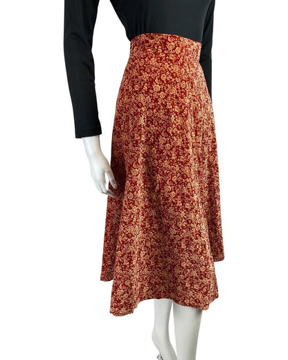 VINTAGE 60s 70s RED CREAM DITSY FLORAL BOHO FOLK VELVET KNEE-LENGTH SKIRT 10 12