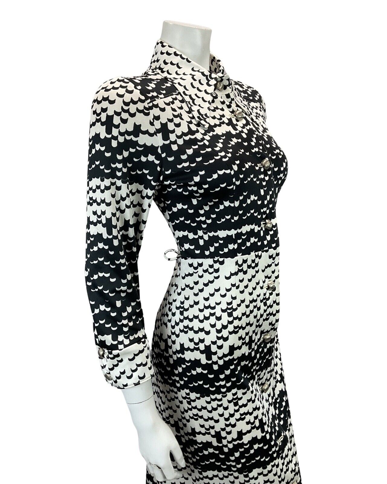 VINTAGE 60s 70s WHITE BLACK ABSTRACT PATTERN MOD BOHO MIDI DRESS 12 14