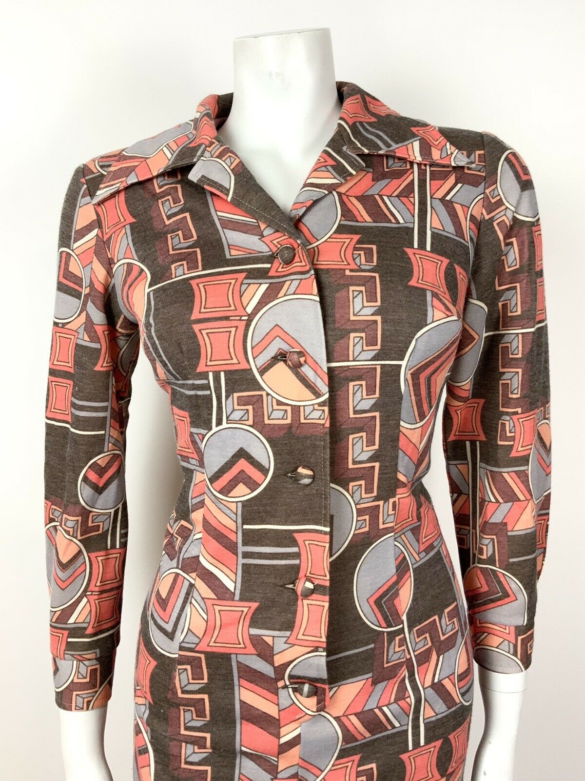 VINTAGE 60s 70s BROWN ORANGE GREY RED GEOMETRIC DAGGER SHIRT DRESS 10 12