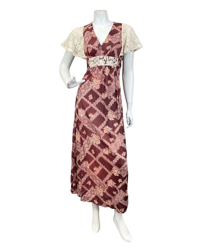 VINTAGE 60s 70s WINE RED CREAM CROCHETED FLORAL MANDALA BOHO MAXI DRESS 8