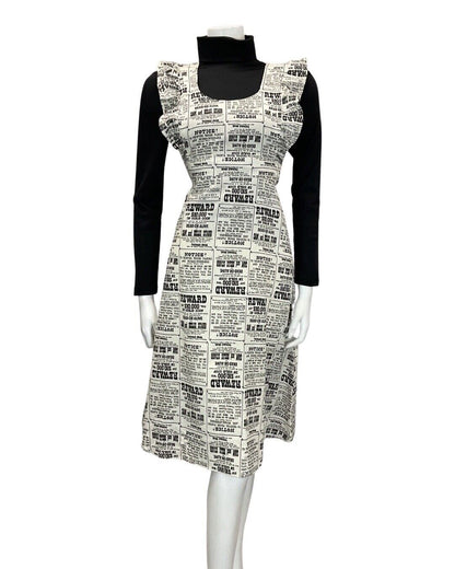 VINTAGE 60s 70s WHITE BLACK NEWSPAPER WANTED POSTER APRON PINAFORE DRESS 10 12