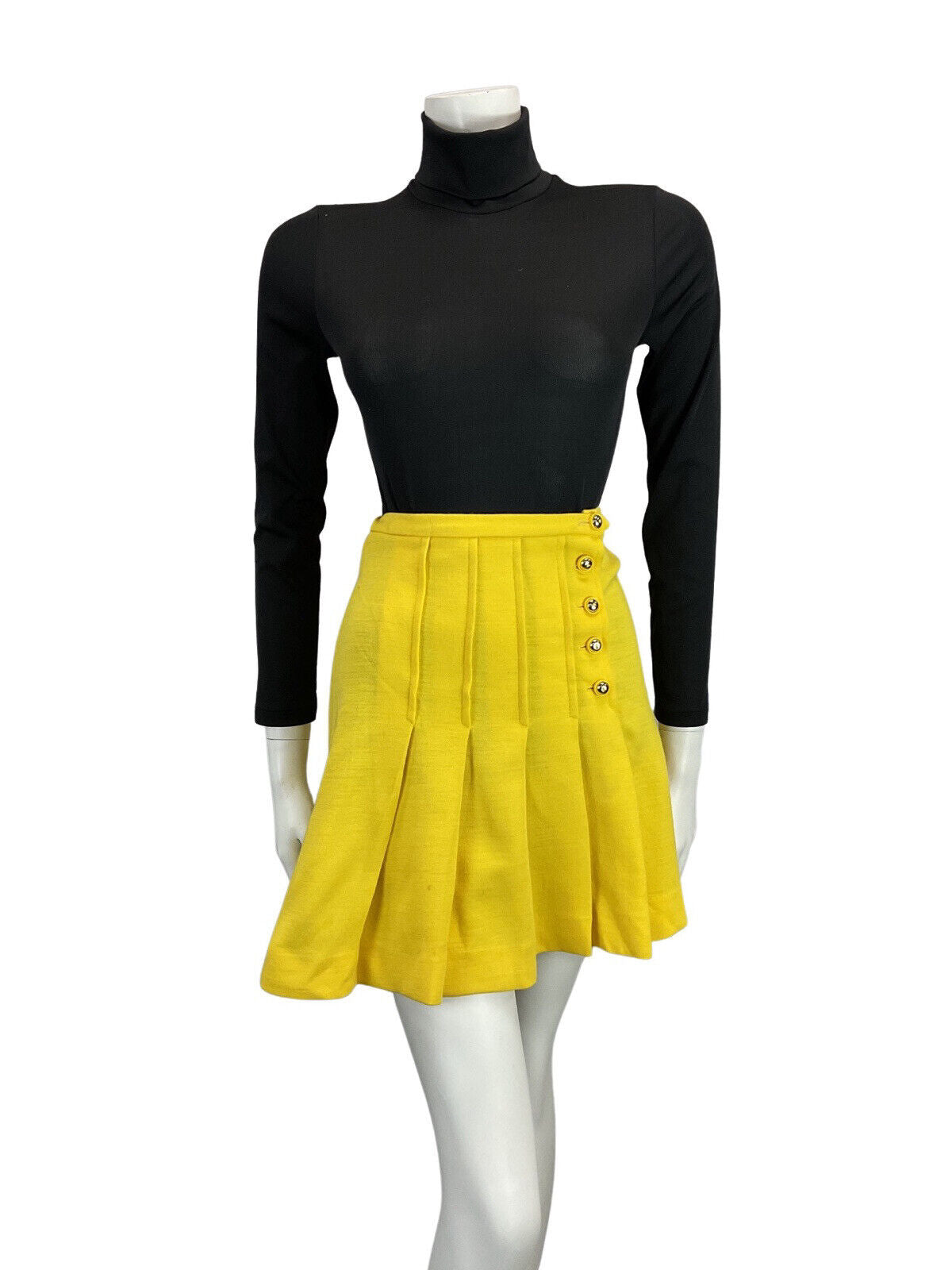 VTG 60s 70s BRIGHT YELLOW HIGH WAISTED A-LINE MINI GOGO MOD PLEATED SKIRT 4 6 8