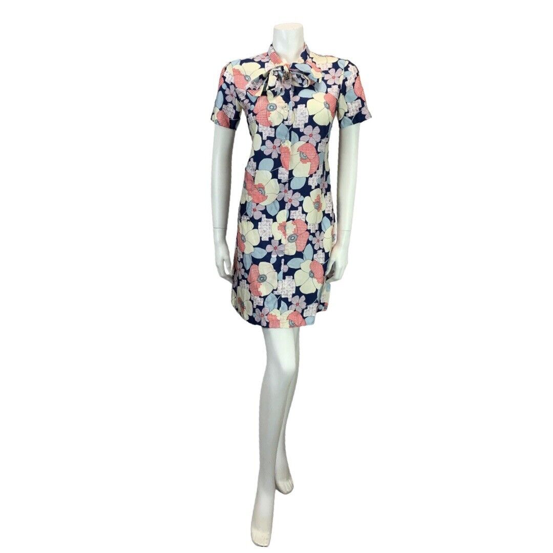 VINTAGE 60s 70s NAVY BLUE RED LILAC FLORAL PRINT BUTTON DOWN MIDI DRESS 10