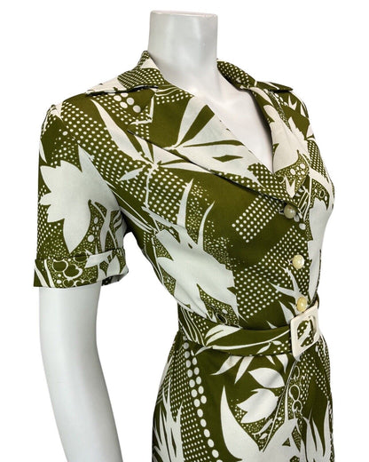 VINTAGE 60S 70S WHITE KHAKI GREEN FLORAL ABSTRACT PRINT BELTED MIDI DRESS 12 14