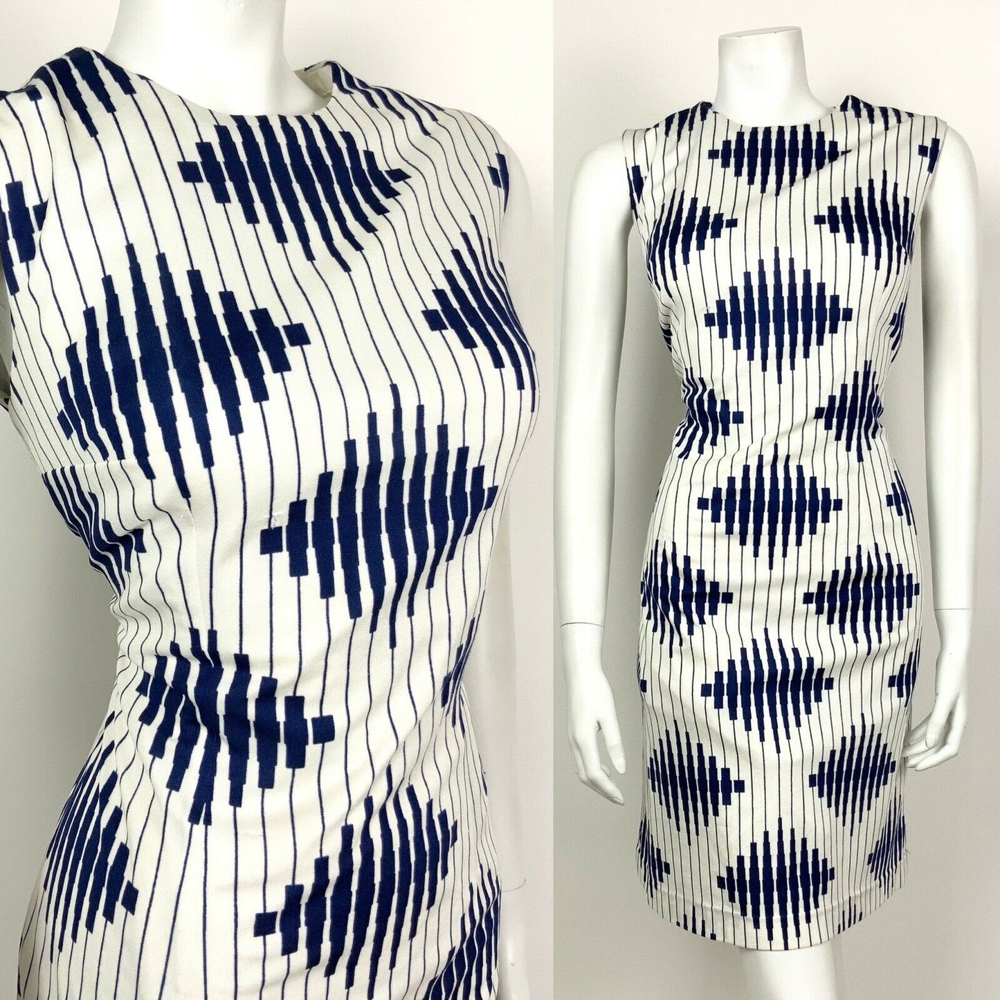 VINTAGE 60s 70s WHITE NAVY BLUE STRIPED DIAMOND GEOMETRIC WIGGLE DRESS 12 14