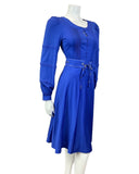 VINTAGE 60s 70s BRIGHT BLUE SILVER BELTED LOUIS FERAUD LONG SLEEVE SWING DRESS 6