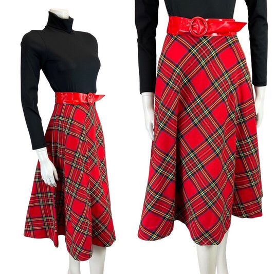 VINTAGE 60s 70s RED GREEN TARTAN CHECKED PVC BELTED MIDI SWING SKIRT 4