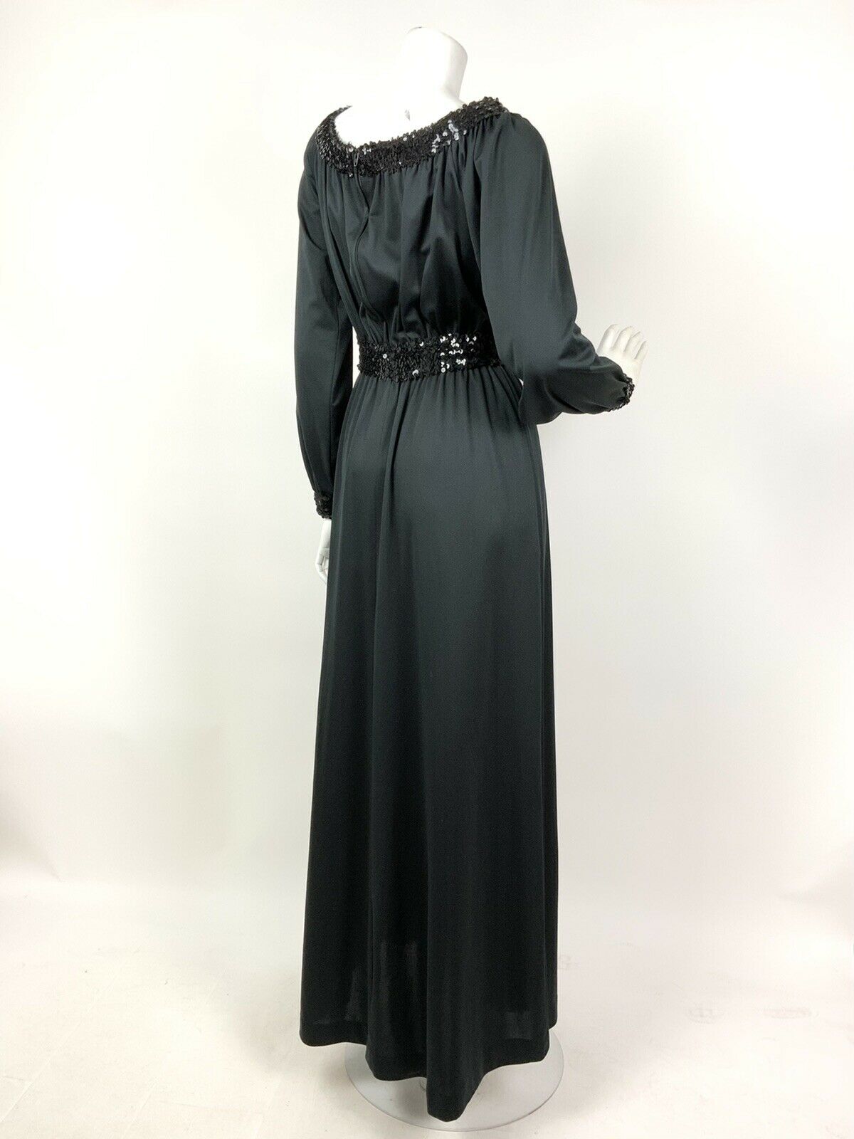 VINTAGE 60s 70s BLACK SEQUINNED RUCHED DISCO GLAM MAXI DRESS 8 10 12