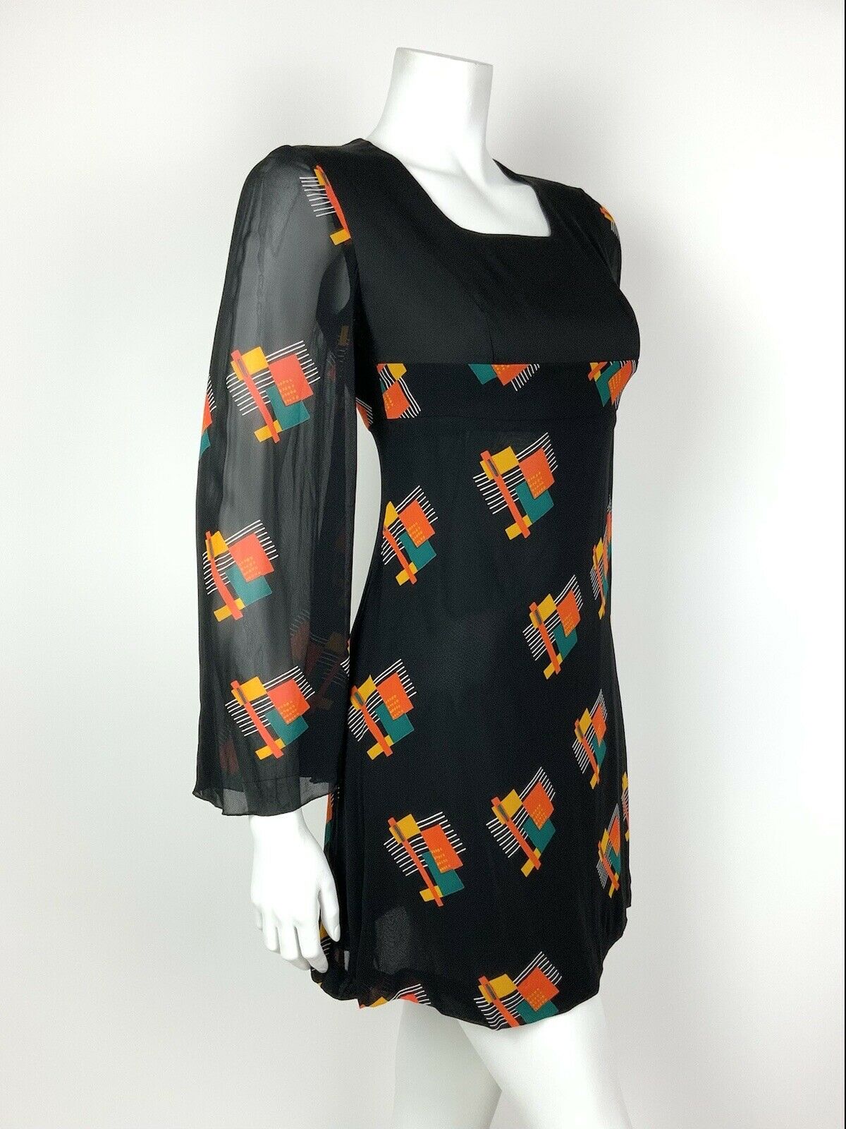 VTG 60s 70s BLACK ORANGE GREEN GEOMETRIC SHEER ANGEL SLEEVE EMPIRE LINE DRESS 8