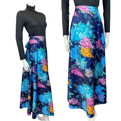 VINTAGE 70s BLUE PINK YELLOW PSYCHEDELIC FLORAL WRAP MAXI SKIRT 12 14