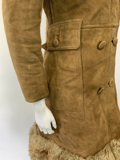 VTG 60s 70s CAMEL BROWN SUEDE SHEARLING DOUBLE-BREASTED BOHO PRINCESS COAT 12