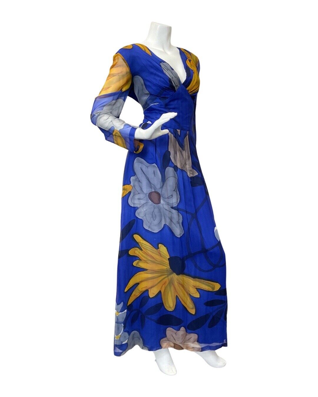 VINTAGE 60s 70s BLUE YELLOW WHITE FLORAL WATERCOLOUR SHEER MAXI DRESS 12 14