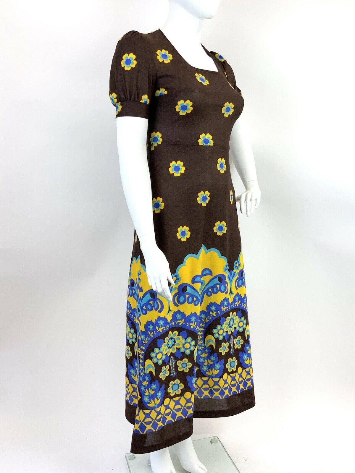 VINTAGE 60s 70s BROWN BLUE YELLOW FLORAL DECO PUFF SLEEVE MOD BOHO MAXI DRESS 16