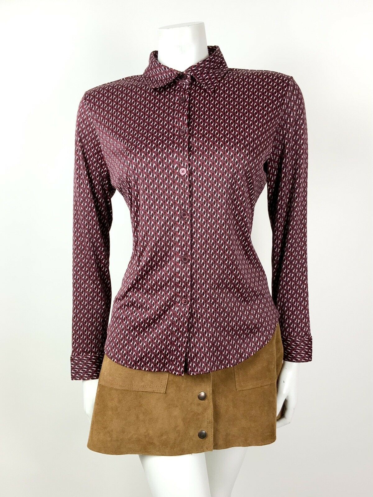 VINTAGE 70s STYLE 90s WINE RED PINK WHITE GEOMETRIC MOD SHIRT BLOUSE 12 14