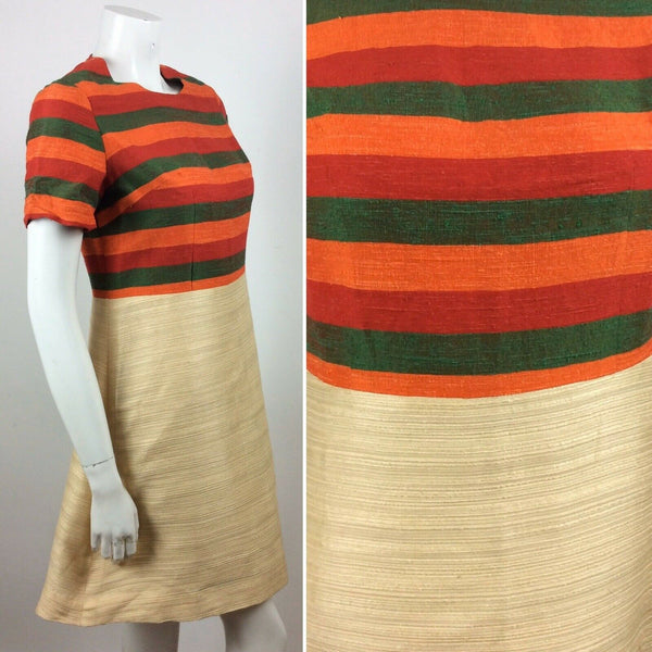 VTG 60S GREEN, RED, ORANGE CREAM STRIPED PREPPY VINTAGE DRESS