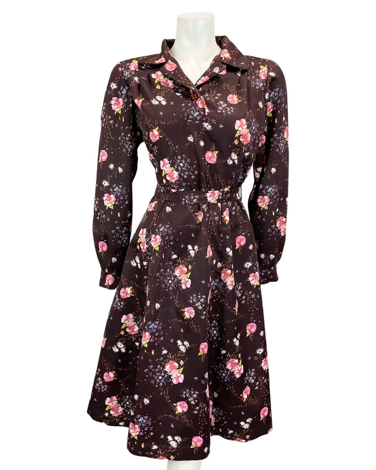 VINTAGE 60S 70S DRAK PURPLE PINK FLORAL BOHO MOD MIDI DRESS 12 14