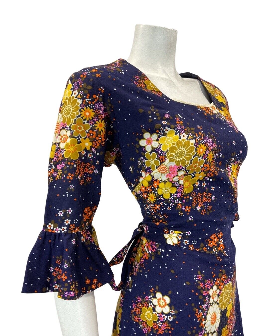 VINTAGE 60 70s BLUE ORANGE YELLOW FLORAL BOUQUET FLOUNCE SLEEVE MOD DRESS 12