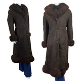 VINTAGE 60s 70s DARK BROWN SHEARLING SUEDE PENNY LANE LONG PRINCESS COAT 16 18