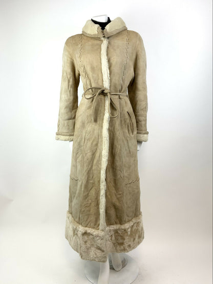 VINTAGE 60s 70s SAND CREAM SUEDE LEATHER SHEARLING BOHO FOLK PRINCESS COAT 10 12