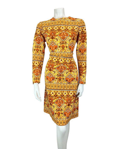 VINTAGE 60s 70s YELLOW BROWN ORANGE MANDALA FLOWER PSYCHEDELIC FITTED DRESS 12