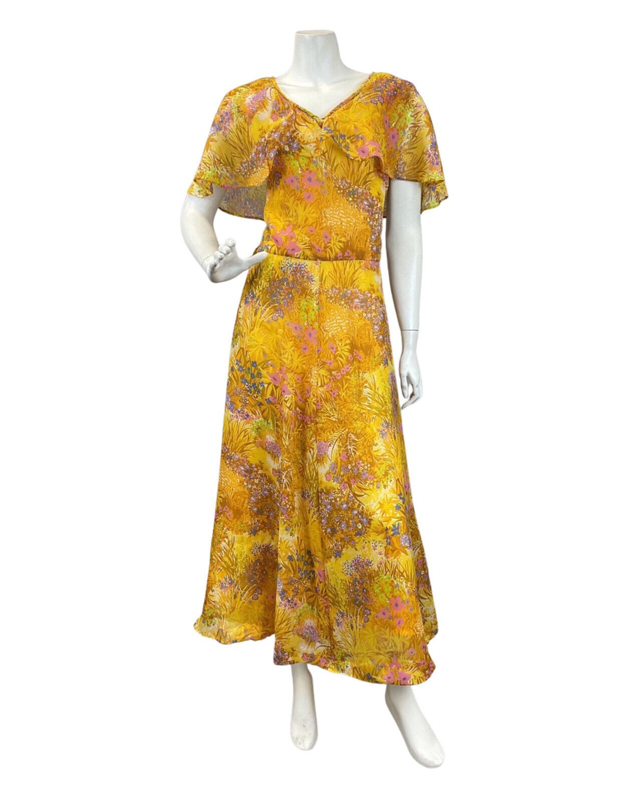 VINTAGE 60s 70s YELLOW PINK PURPLE FLORAL LEAFY PRAIRIE FLOATY MAXI DRESS 14