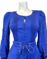 VINTAGE 60s 70s BRIGHT BLUE SILVER BELTED LOUIS FERAUD LONG SLEEVE SWING DRESS 6