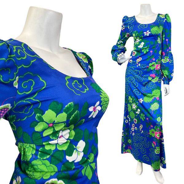 VINTAGE 60s 70s BLUE GREEN PINK PSYCHEDELIC FLORAL JULIET SLEEVE MAXI DRESS 8 10