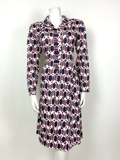 VINTAGE 60s 70s WHITE BLUE RED GEOMETRIC DAGGER COLLAR MOD SHIRT DRESS 14 16