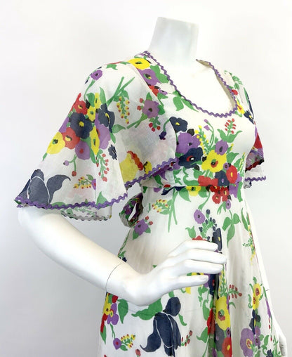 VTG 60s 70s WHITE PURPLE RED GREEN FLORAL RICRAC SHEER CAPE SLEEVE MAXI DRESS 8