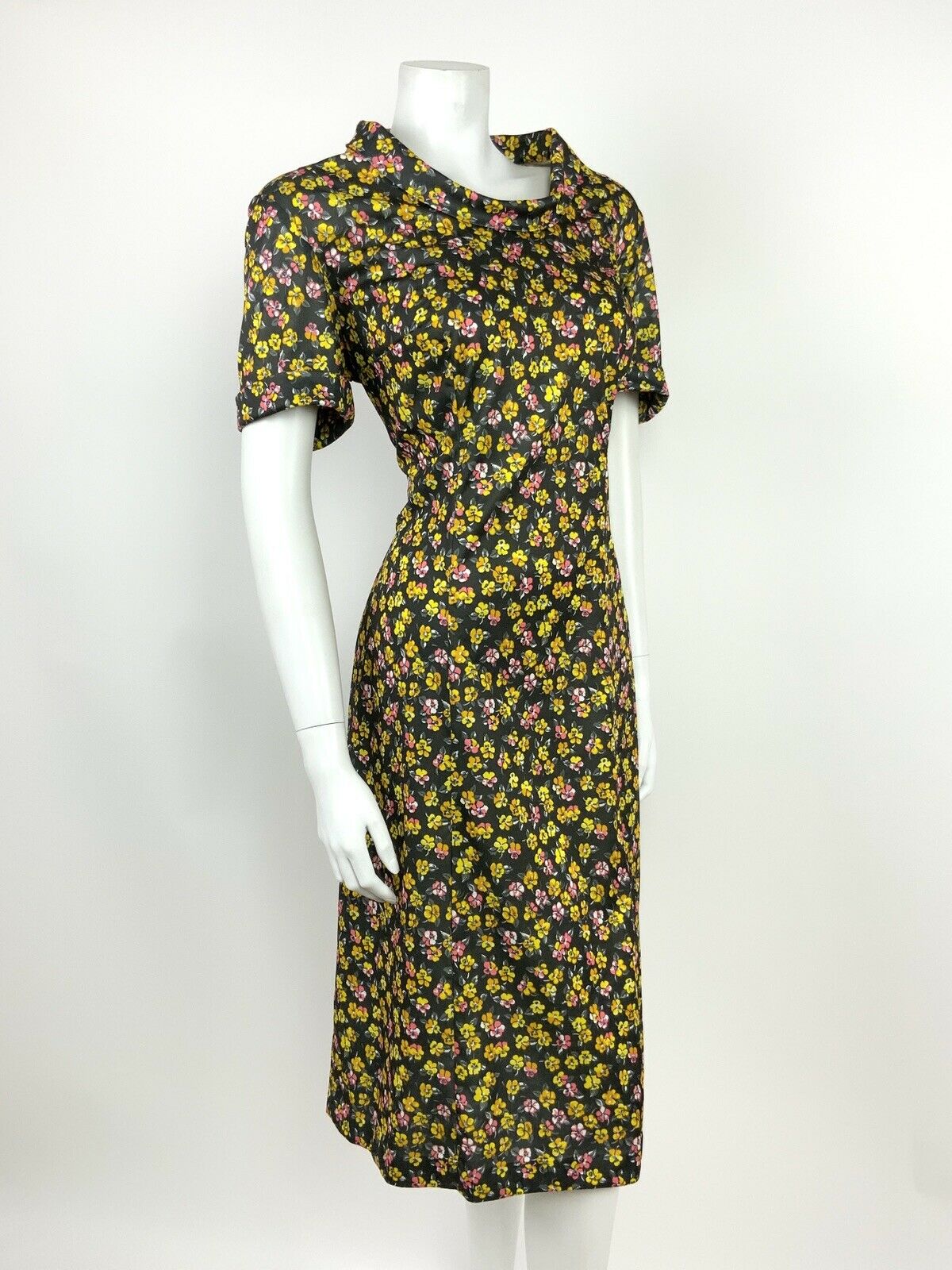 VINTAGE 60s 70s GREY YELLOW PINK WHITE FLORAL DITSY TURTLENECK SHIFT DRESS 14 16