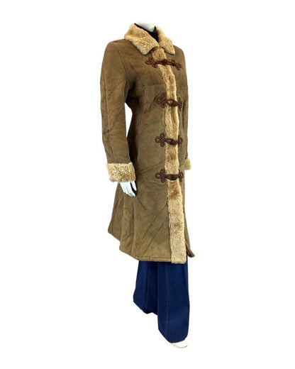 VINTAGE 60s 70s BROWN BROCADE SUEDE ZHIVAGO SHEARLING LONG COAT 12 14